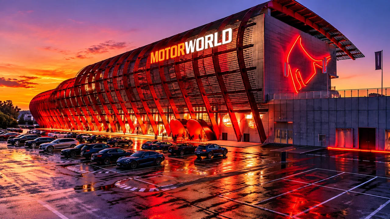 Motorworld Cologne from outside at sunset